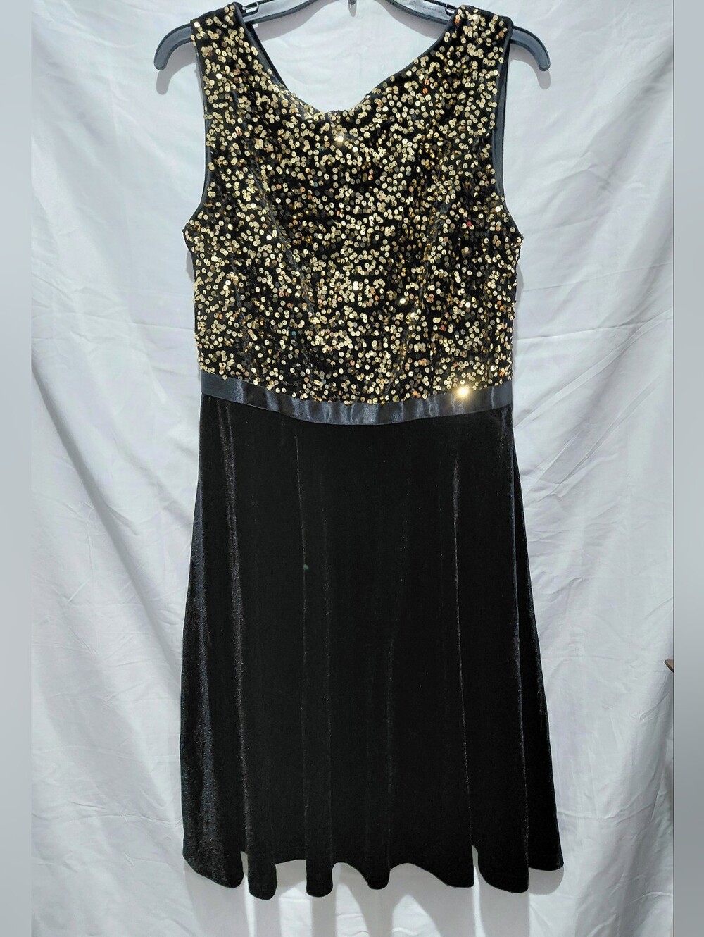 Black Velvet Skater Dress with Gold Sequin Bodice